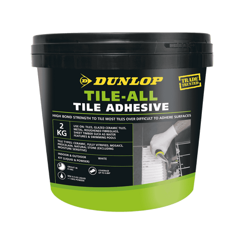 Dunlop 2kg Tile-All White Copolymer Tile Adhesive Indoor Outdoor