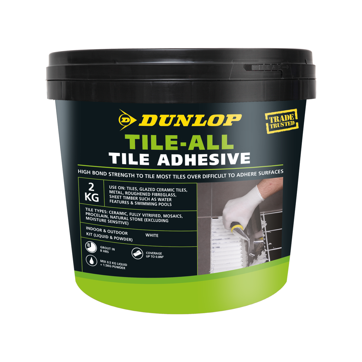 Dunlop 2kg Tile-All White Copolymer Tile Adhesive Indoor Outdoor