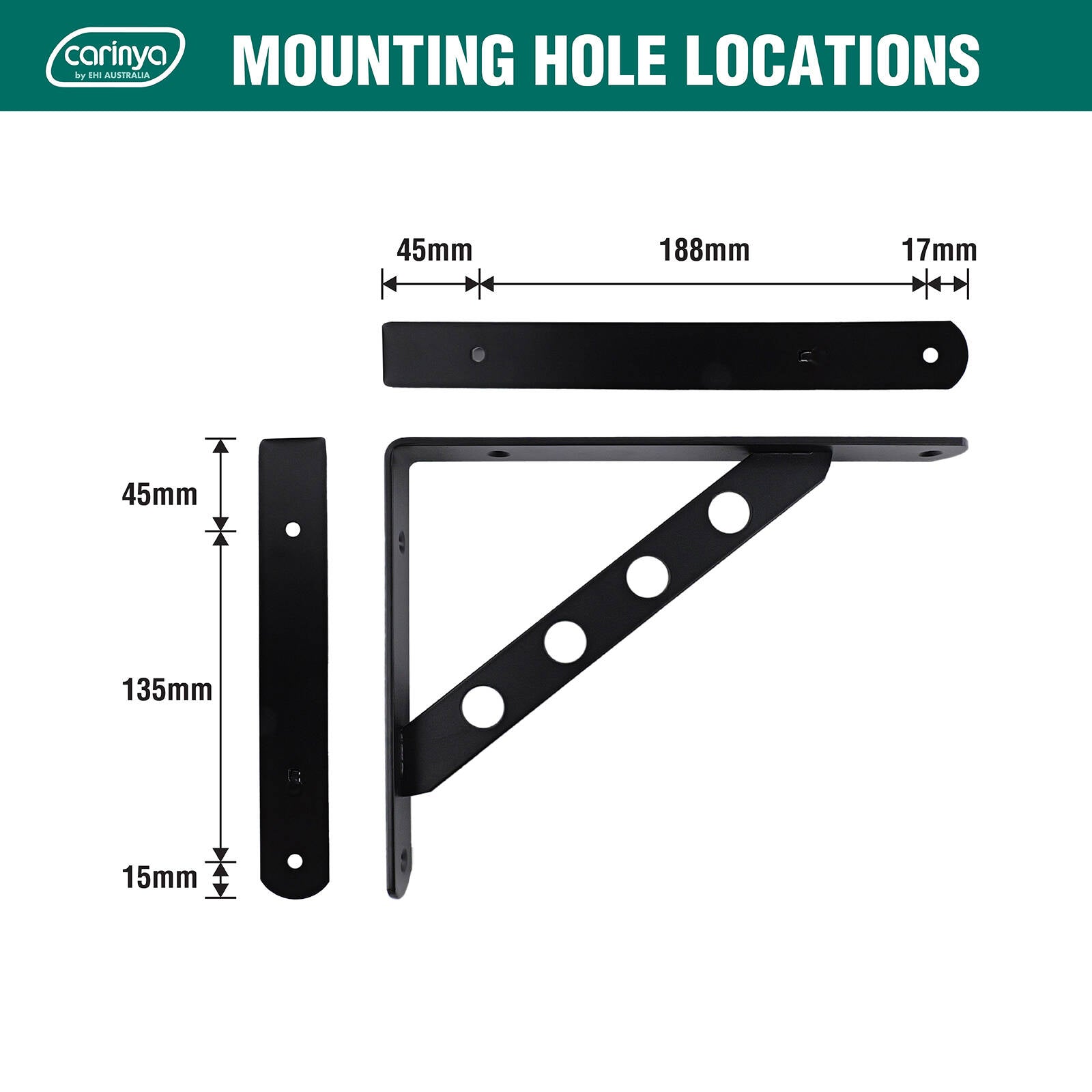 Carinya 250 x 195mm Black Heavy Duty Circle Stayed Bracket - 200kg Powder Coated Steel