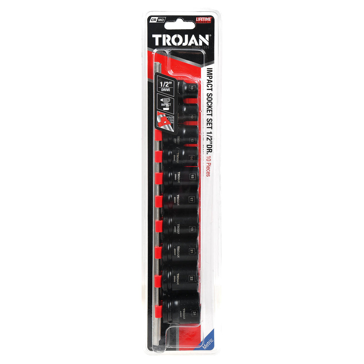 Trojan 10 Piece 1/2" Drive Impact Socket Rail Set 10mm-24mm, 6 Point CR-MO