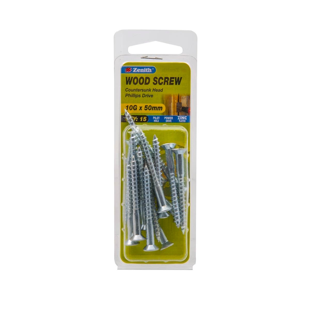 Zenith 10G x 50mm Zinc Plated Countersunk Head Wood Screws, Needle Point, 15 Pack