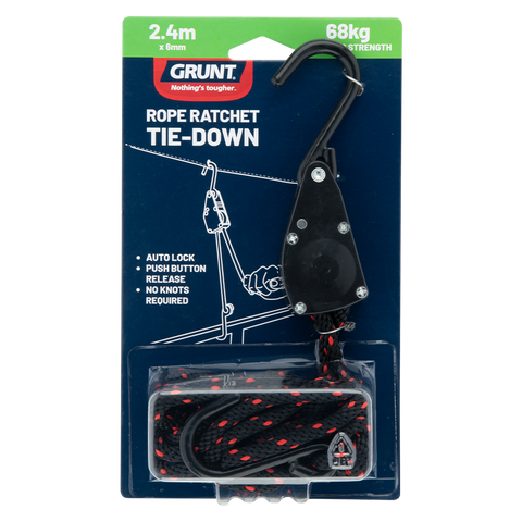 Grunt 6mm x 240cm Rope Ratchet Tie Down Auto Lock for Trailers Utes Roof Racks