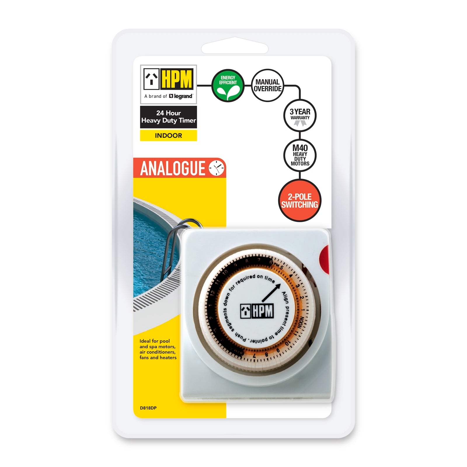 HPM 24 Hour Heavy Duty Analogue Timer Double Pole 10A Indoor D818DP