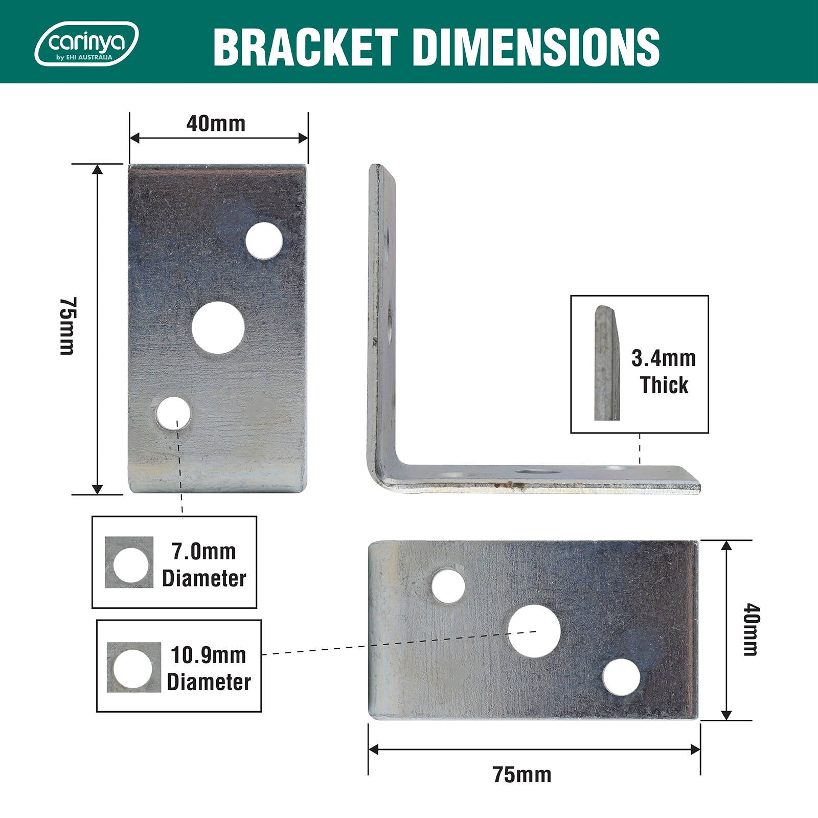 Carinya 75 x 75 x 40 x 3.5mm Zinc Plated Steel Heavy Duty Reinforcing Angle Bracket
