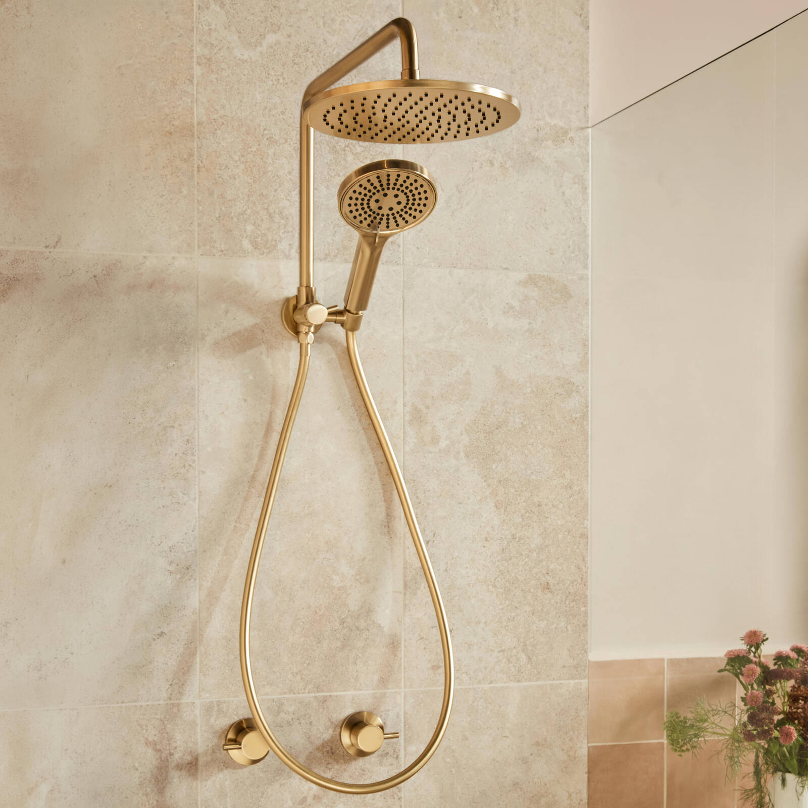 Mondella Resonance Brushed Brass 5 Function Hand Shower & 1/2 Twin Shower Set, 304 Stainless Steel, 9L/min WELS 3 Star