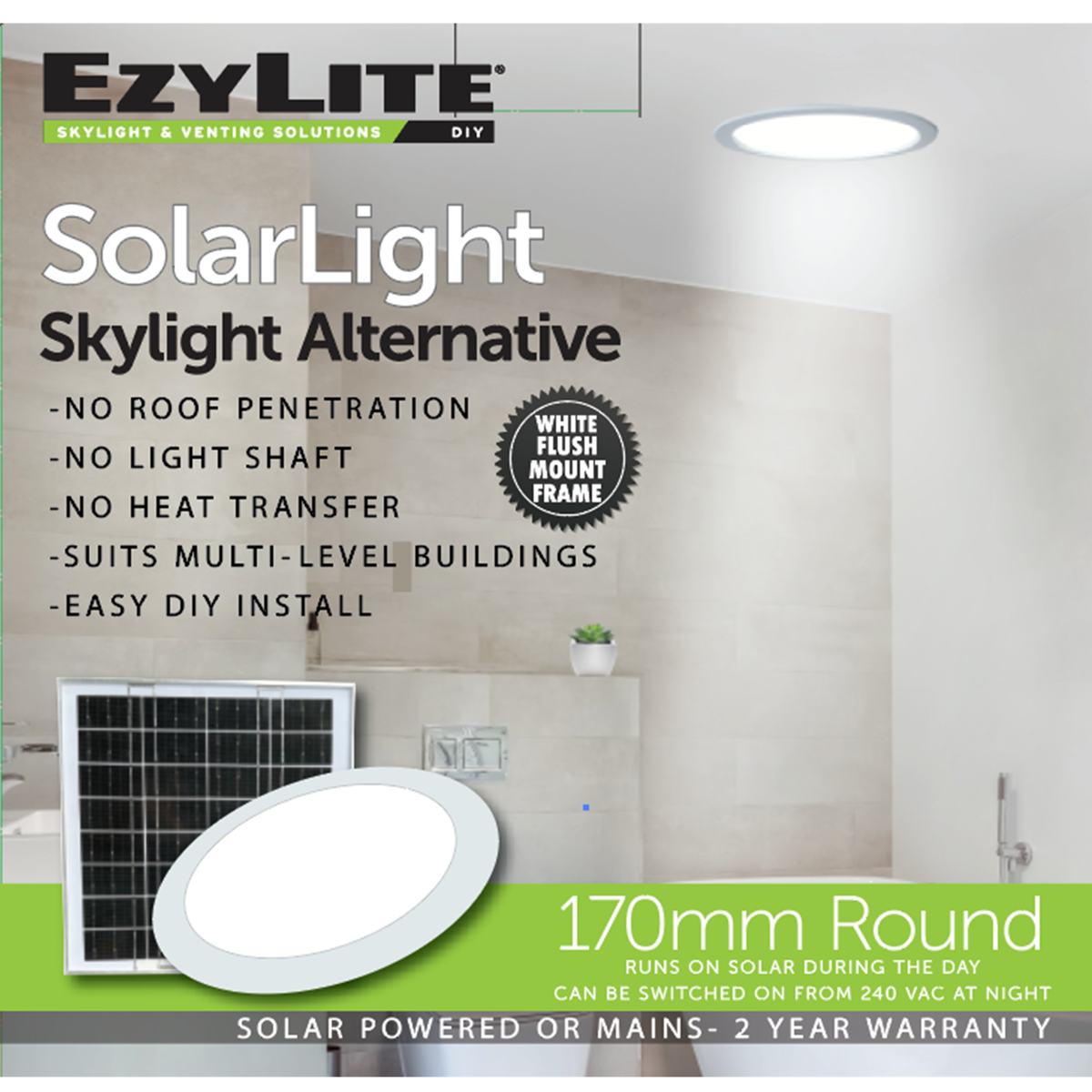 EzyLite 170mm Round Hybrid Solar Skylight Alternative EZSL170RH-Gen4 - Aluminium, DIY Flush Mount
