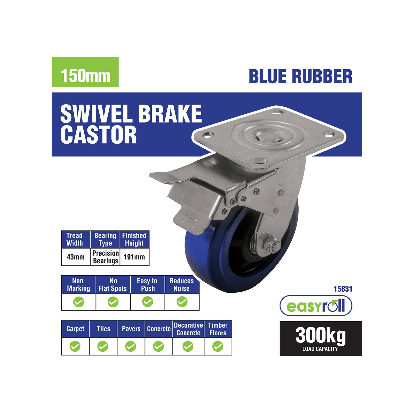 Easyroll 150mm Blue Elastic Rubber Heavy Duty Swivel Plate and Brake Castor, 300kg