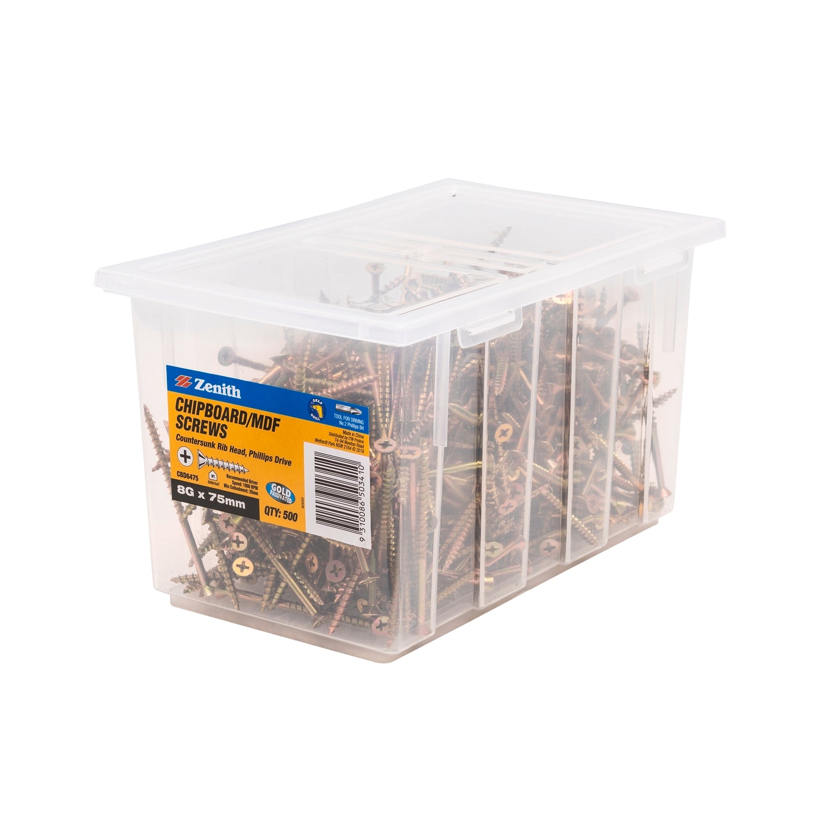 Zenith 8G x 75mm Gold Countersunk Rib Head Chipboard Screws Coarse Thread 500 Pack