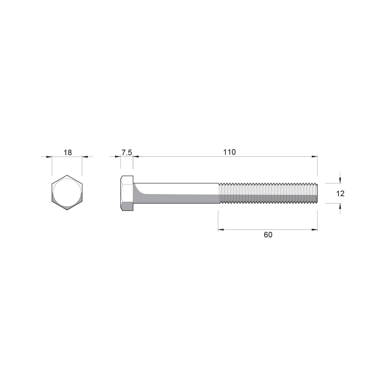 Zenith M12 x 110mm Hot Dip Galvanised Hex Head Bolt & Nut - Each