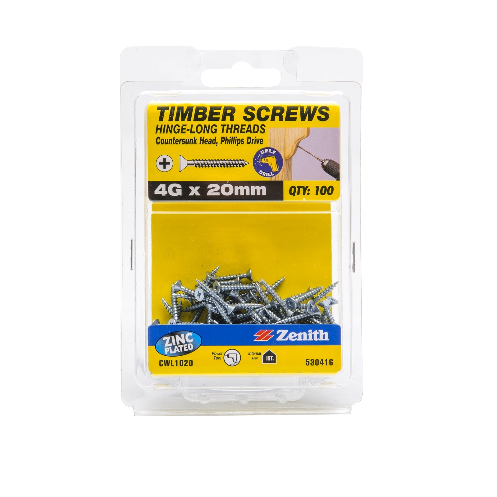 Zenith 4G x 20mm Zinc Plated Countersunk Hinge Timber Screws 100 Pack