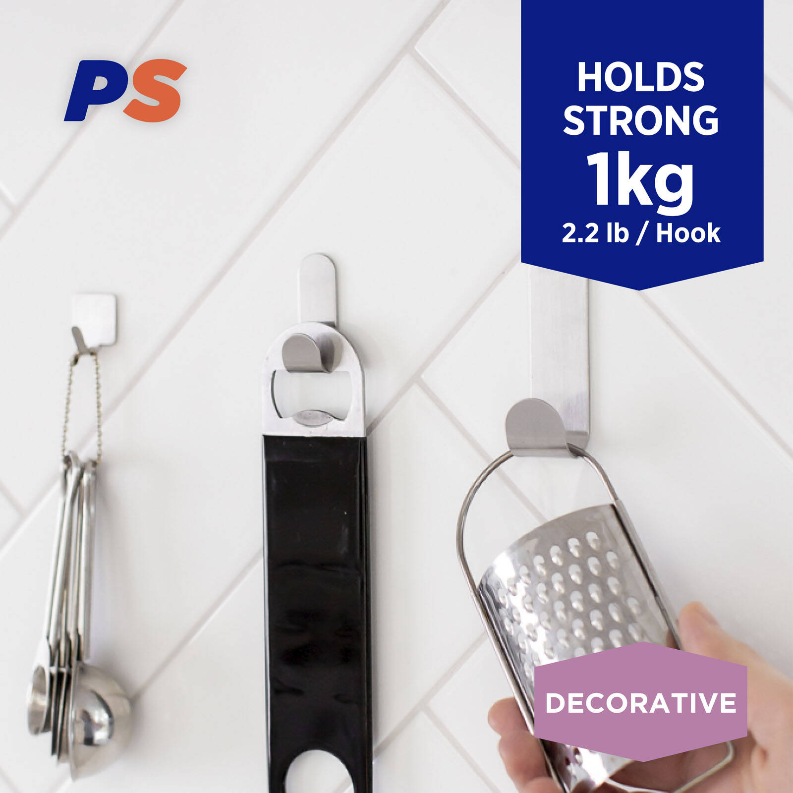 Permastik Medium Stainless Steel Adhesive Hooks 3 Pack Removable