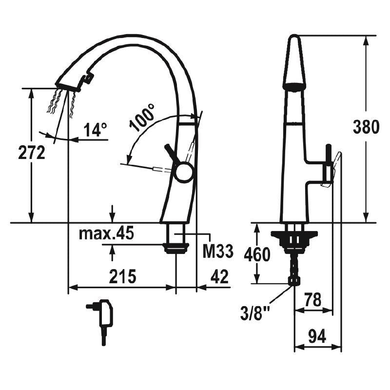 KWC Pull Out Kitchen Mixer Tap with Spray and Light - Matte Black, 270 Degree Swivel - 10201122176