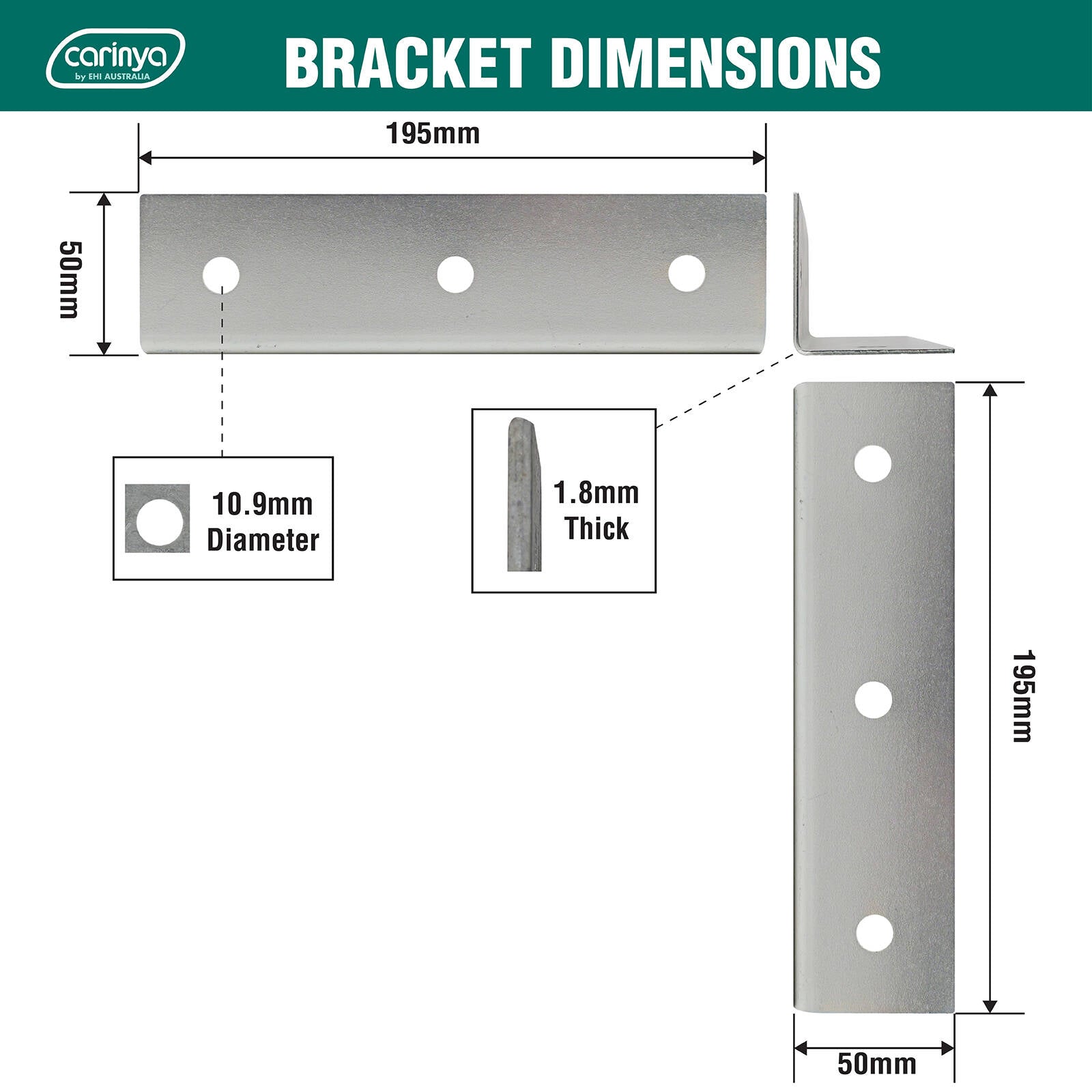 Carinya 50 x 50 x 195 x 1.8mm Galvanised Steel Reinforcing Angle Bracket