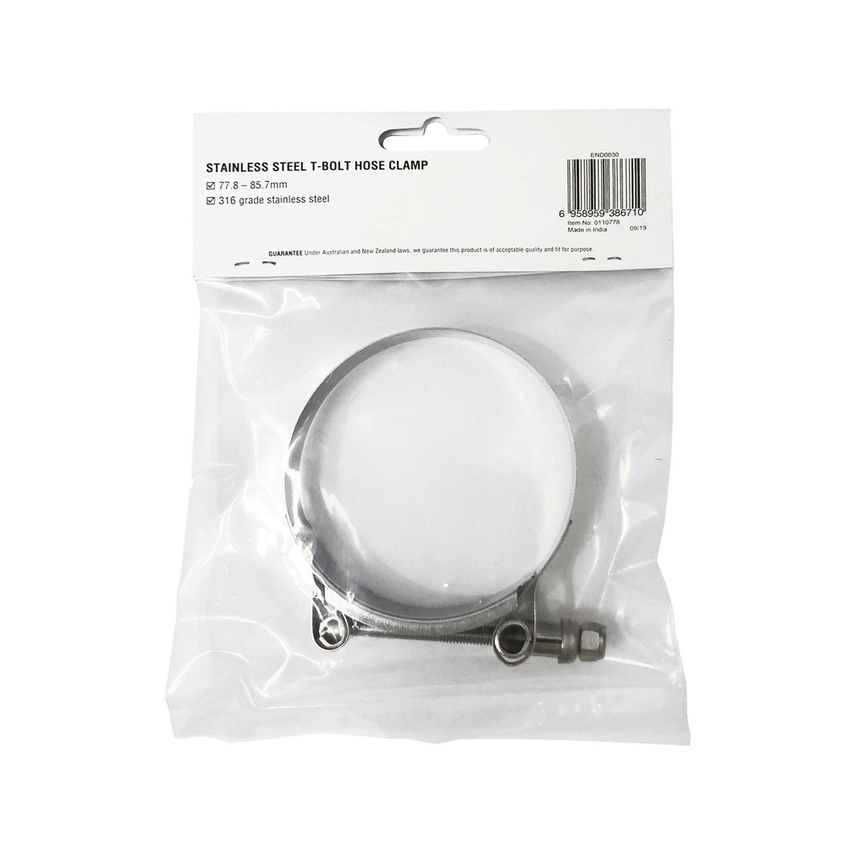 EnduraSeal 78-86mm Grade 316 Stainless Steel T-Bolt Hose Clamp Corrosion Resistant