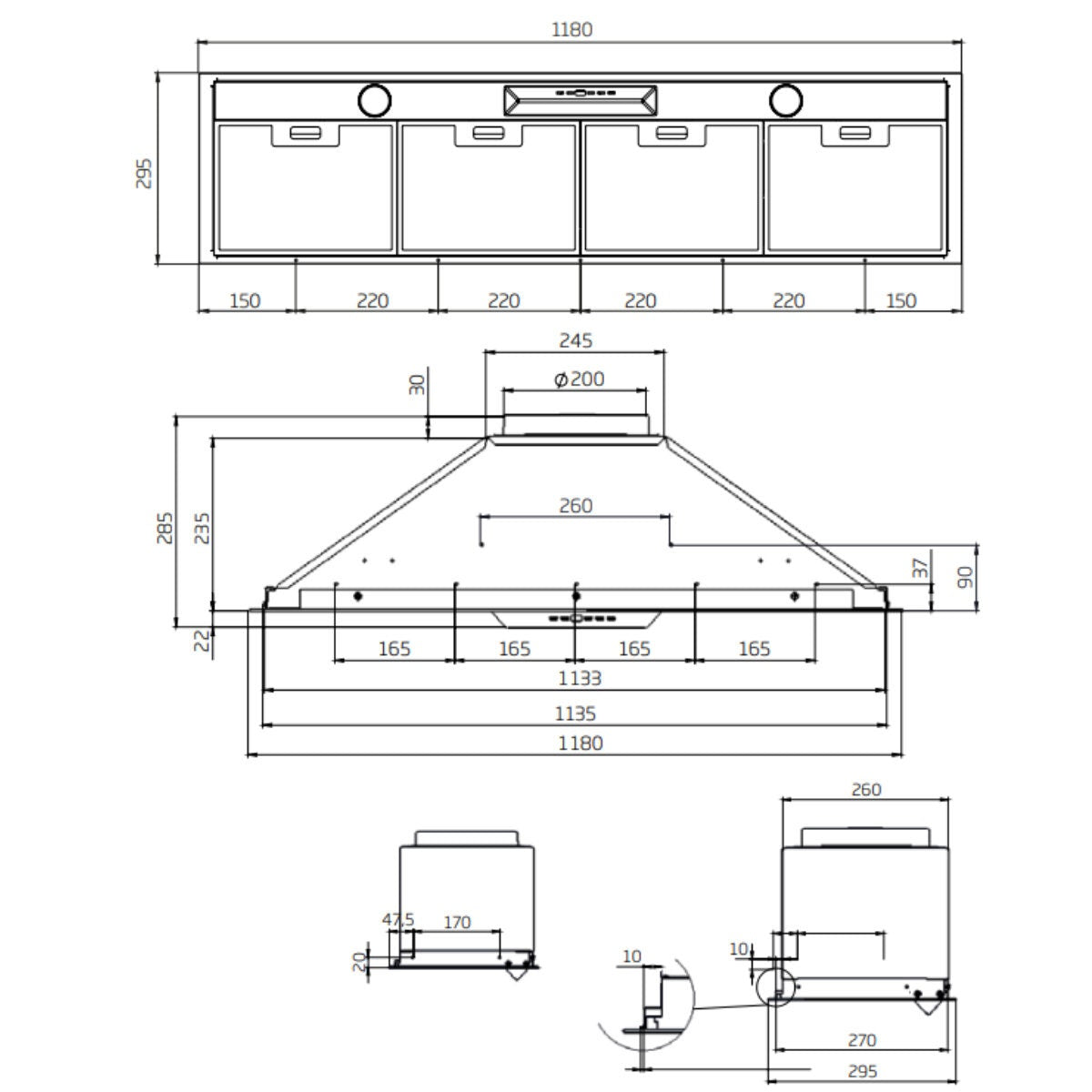 Schweigen 120cm Undermount Rangehood - Matte Black, 1600m³/h Isodrive SP Motor, 5 Speeds - UM1170-12BSPPAK