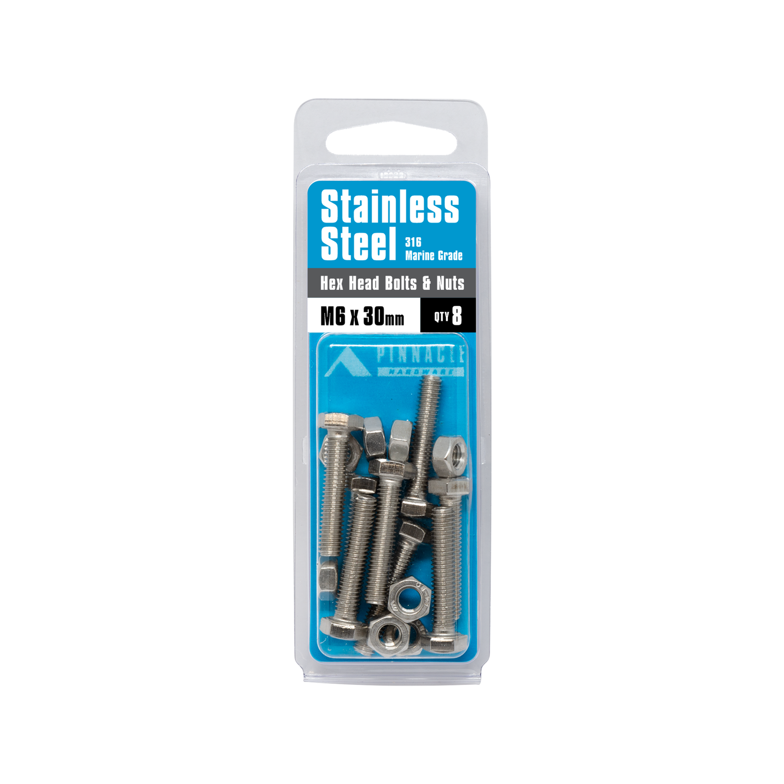 Pinnacle M6 x 30mm 316 Stainless Steel Hex Head Bolts and Nuts - 8 Pack