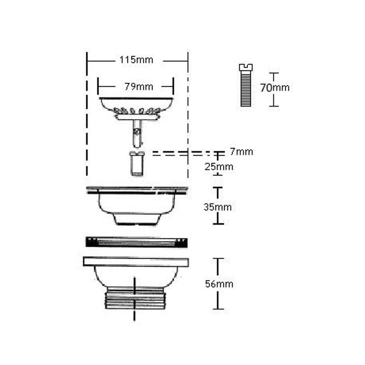 Turner Hastings 90 x 50mm Basket Waste with Long Thread - Polished Stainless Steel, For Ceramic Sinks - 90BW