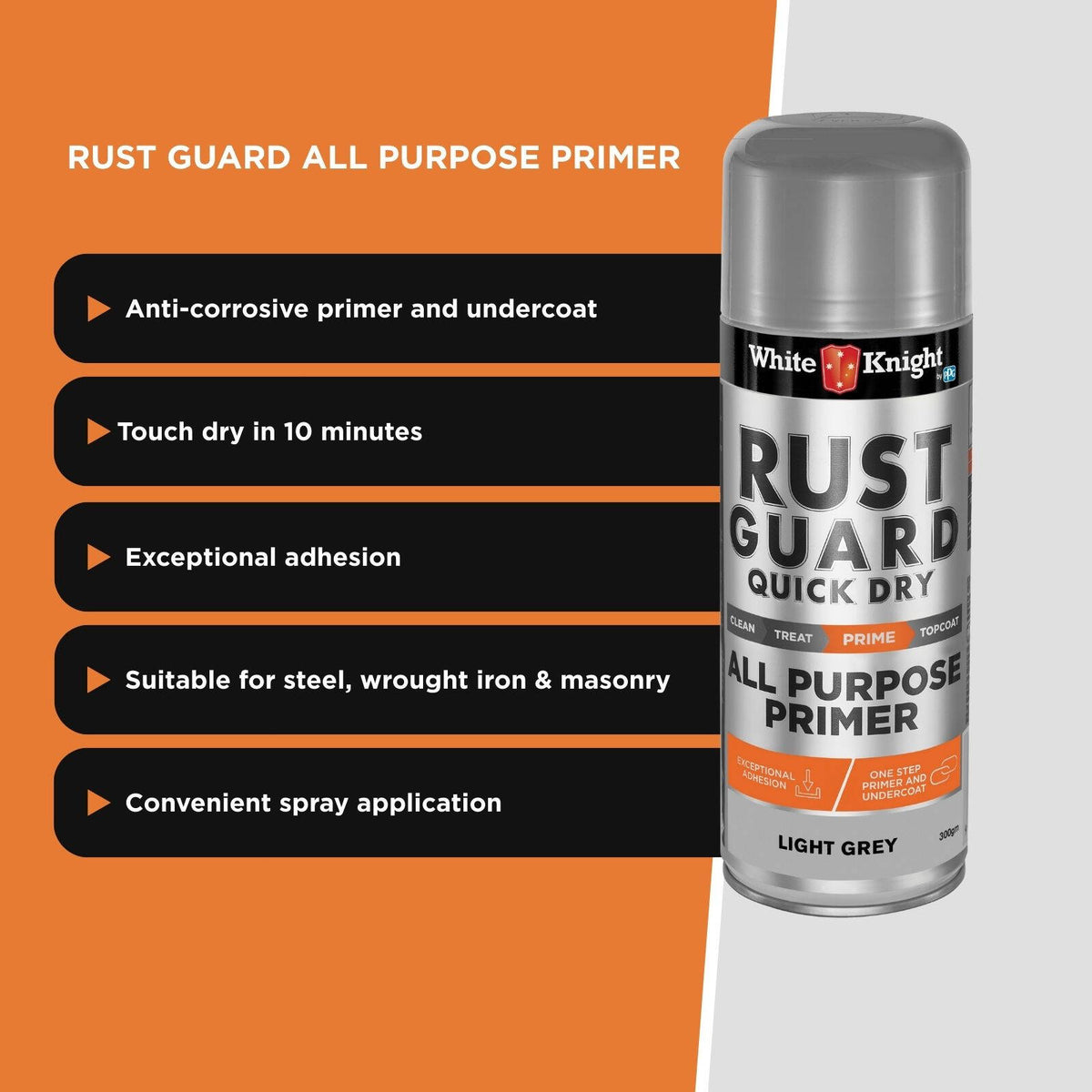White Knight Rust Guard All Purpose Primer 300g - Light Grey Quick Dry Spray Paint