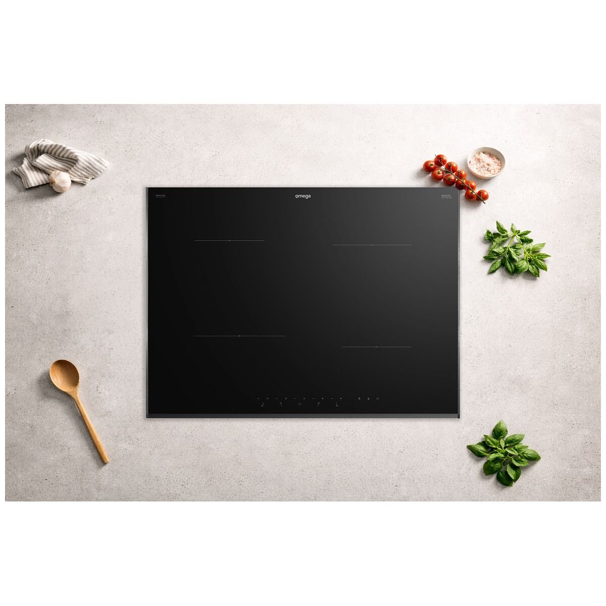 Omega 70cm induction cooktop - fits 60cm cut-out - 10A power phasing - EuroKera glass - OCI704PPTZ
