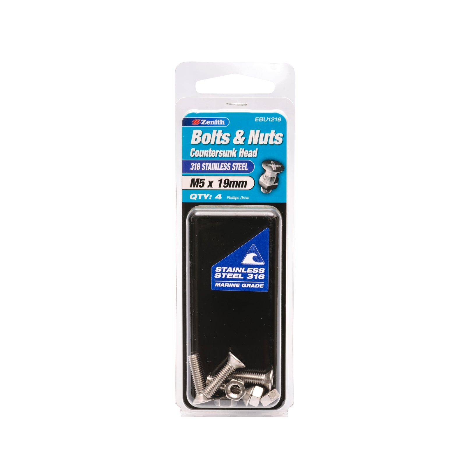 Zenith M5 x 19mm 316 Stainless Steel Countersunk Bolt and Nut - 4 Pack