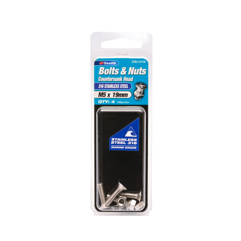 Zenith M5 x 19mm 316 Stainless Steel Countersunk Bolt and Nut - 4 Pack