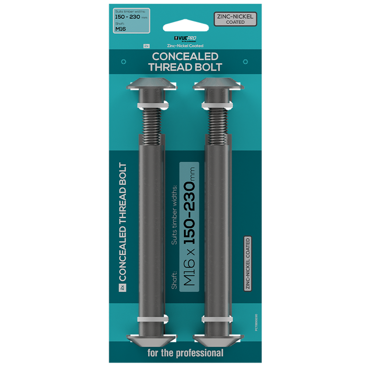 VUEPRO M16 Concealed Thread Bolt 150-230mm, Zinc Nickel Coated Steel, 2 Pack