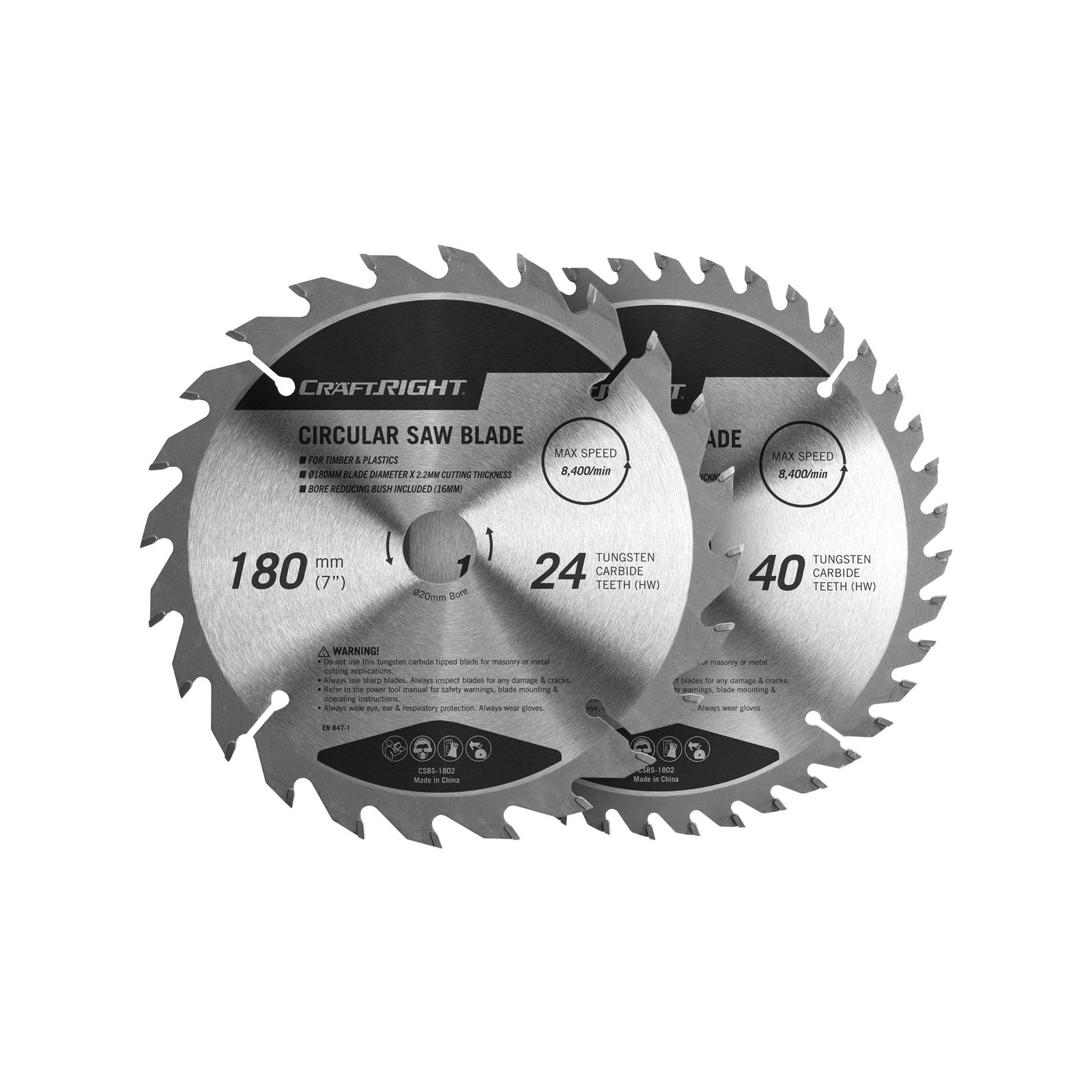 Craftright 180mm Circular Saw Blade Set 2 Piece - 24T & 40T TCT, 20mm Bore