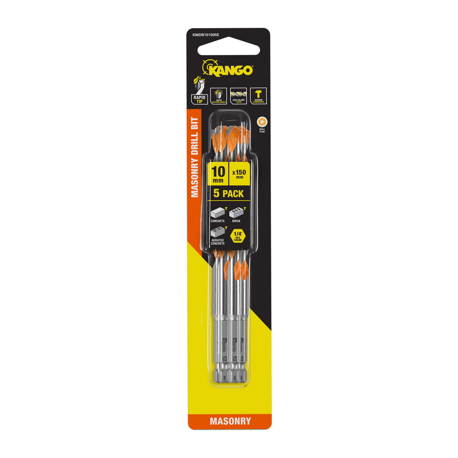 Kango 10 x 150mm Masonry Drill Bit 5 Pack - Carbide Tip, 1/4" Hex Shank