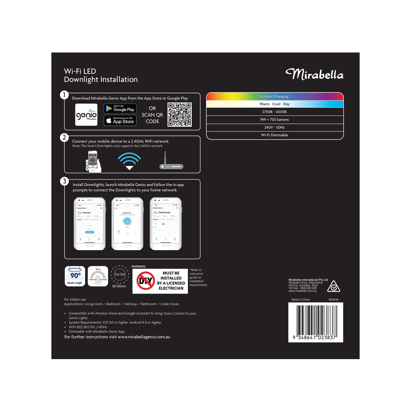 Mirabella Genio 9W 750lm RGBW IP44 1.2m Flex Smart Wi-Fi Dimmable Downlight - 4 Pack I004544