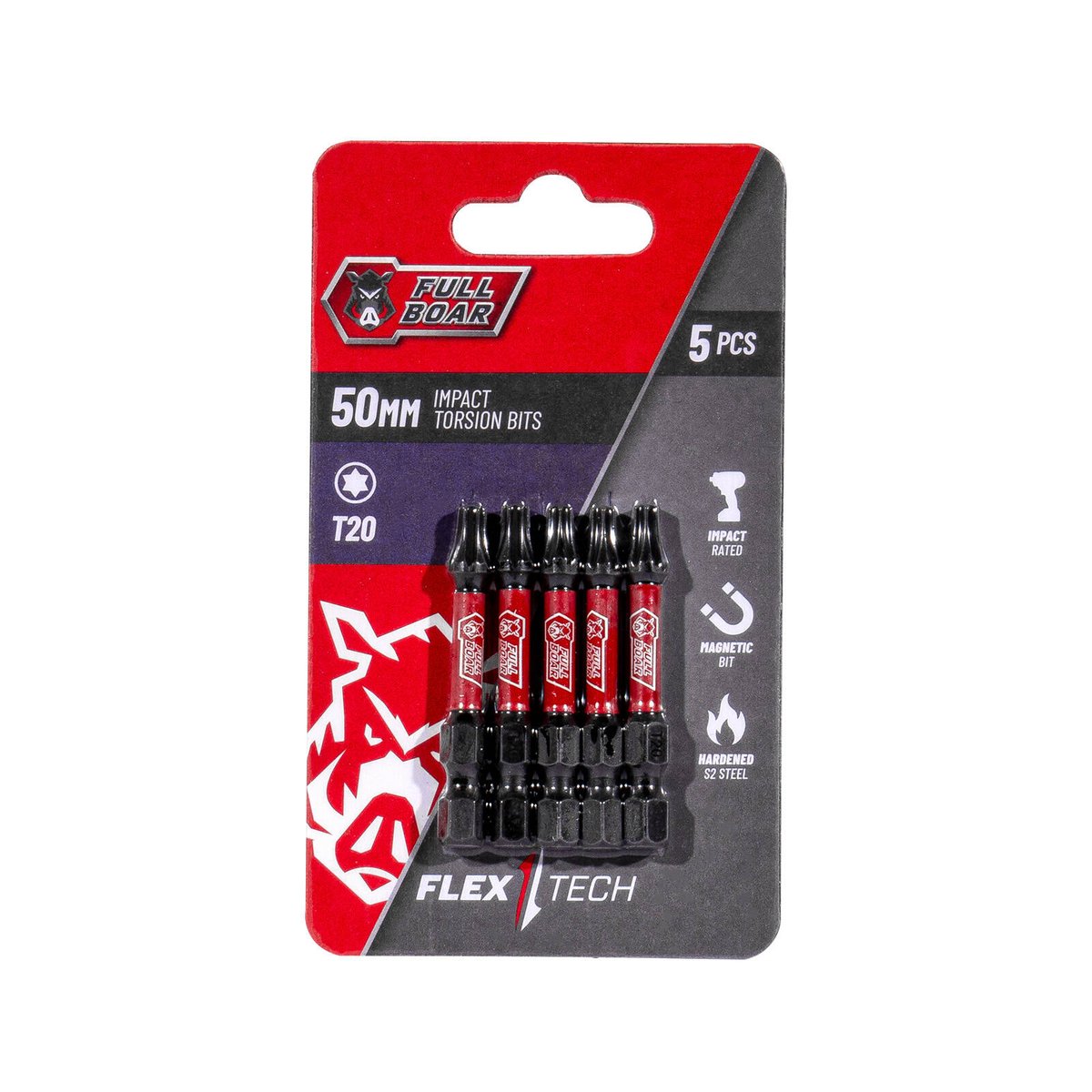 Full Boar T20 x 50mm S2 Steel Impact Torsion Bit Set 5 Pack FTX20-505