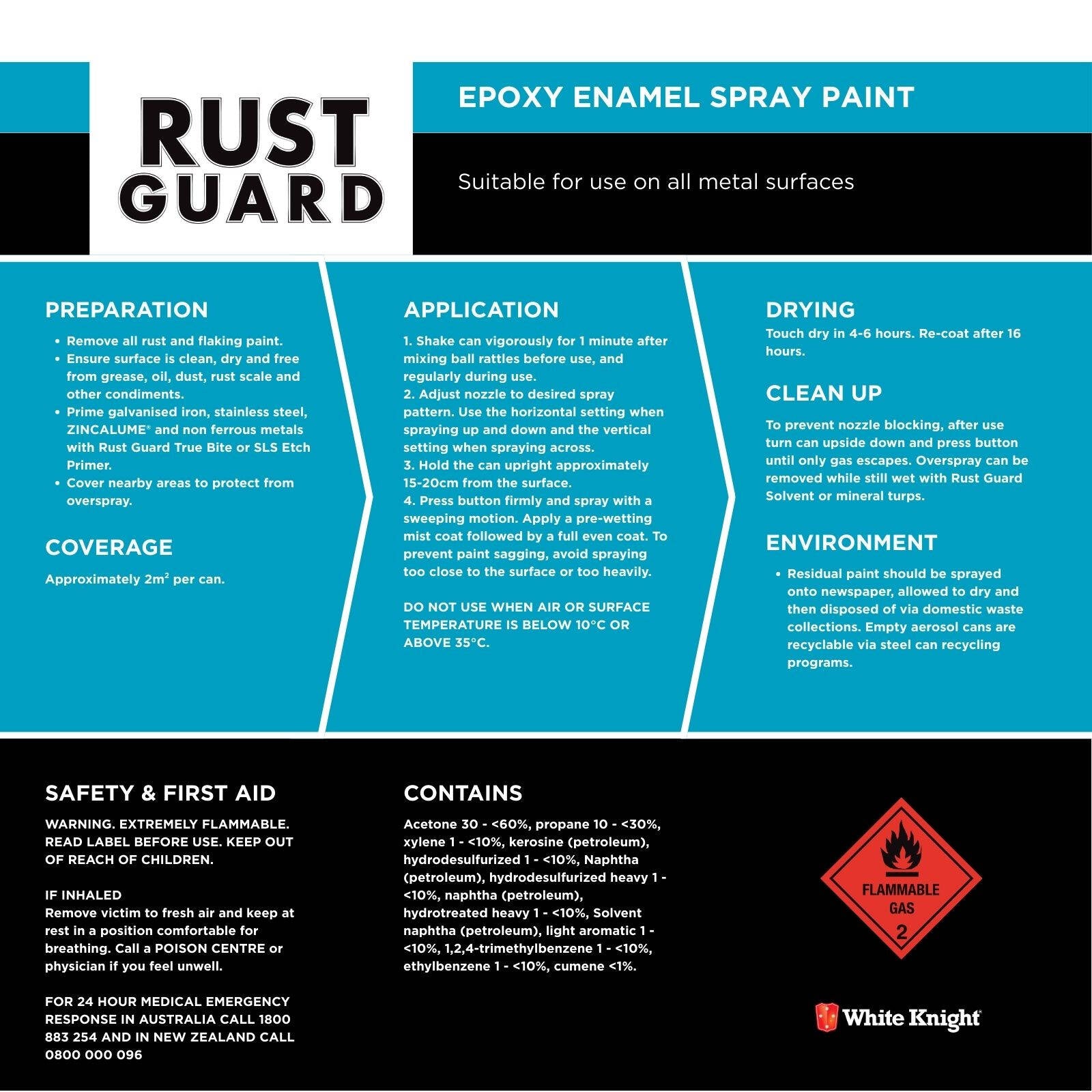 White Knight Rust Guard Epoxy Enamel Spray Paint 310g - White Gloss, Solvent Based Metal Finish