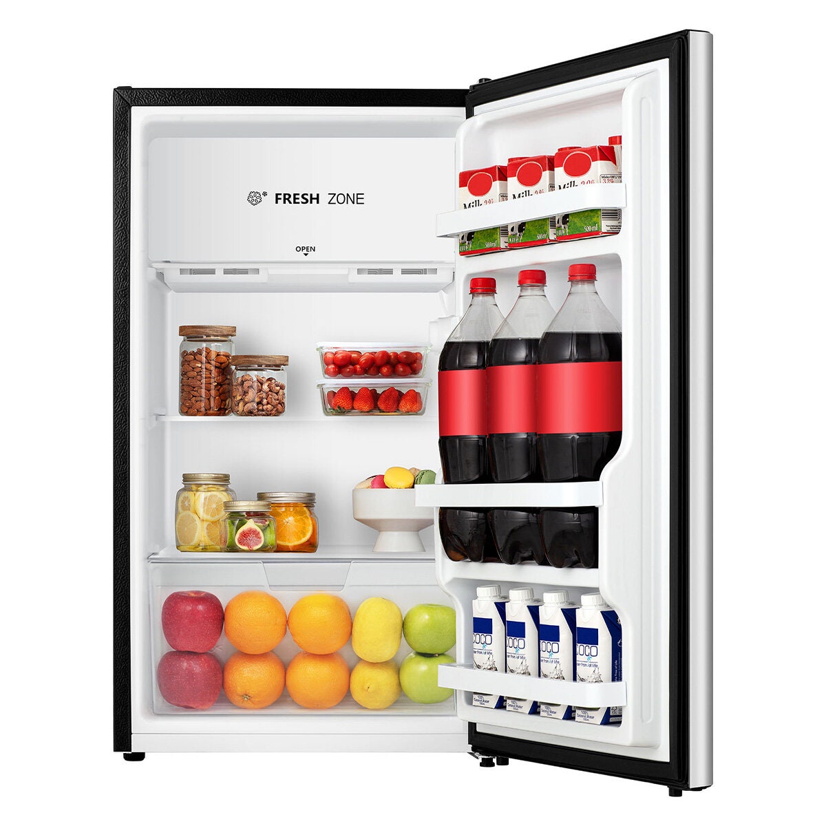 Hisense 124L bar fridge - silver door with black cabinet, Fresh Zone, large crisper, LED light - HRBF126S