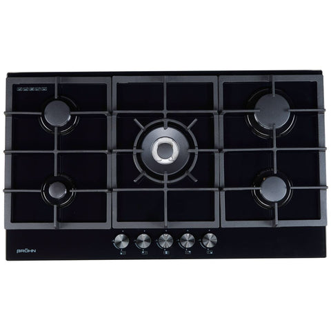 Brohn Tempered Glass Gas Cooktop - 5 Burners, Defendi Burners, Wok Burner - BRGC-AGCP9053-D
