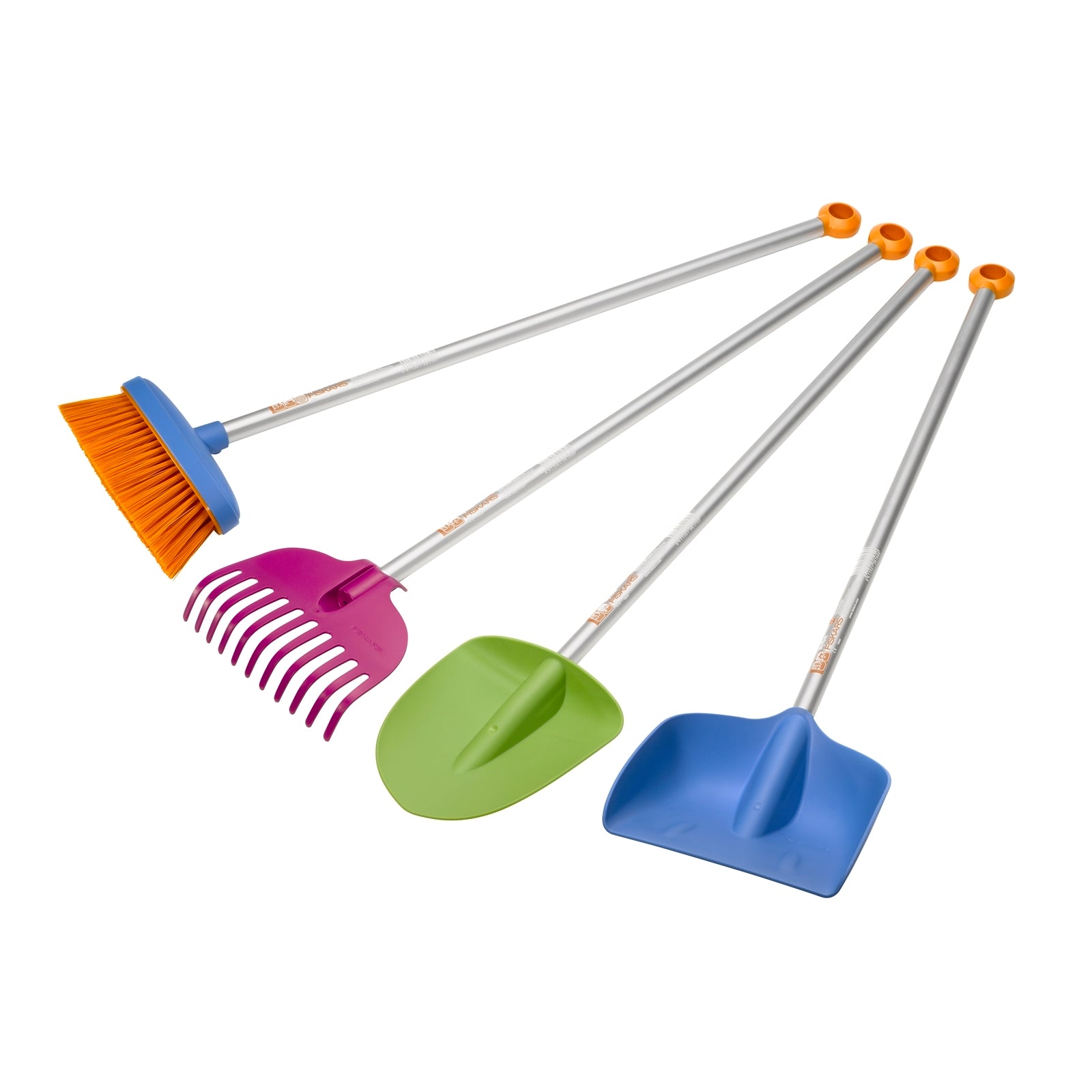 Fiskars Kids Broom, Anodised Aluminium Handle, Soft Plastic Bristles, Grey/Blue/Orange