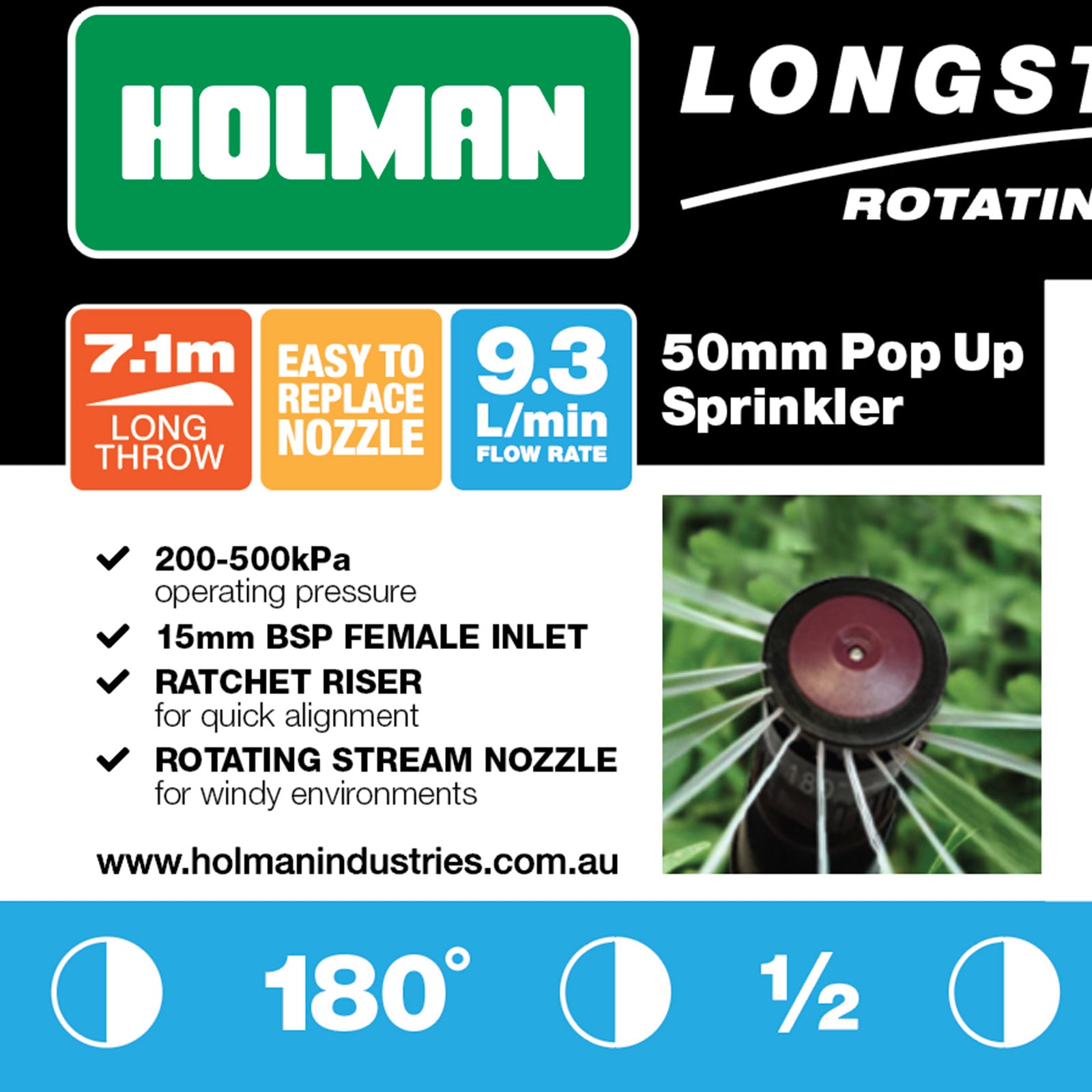 Holman 50mm Longstream Rotating Pop Up Sprinkler 1/2 Circle - 15mm BSP, 800 kPa, Black