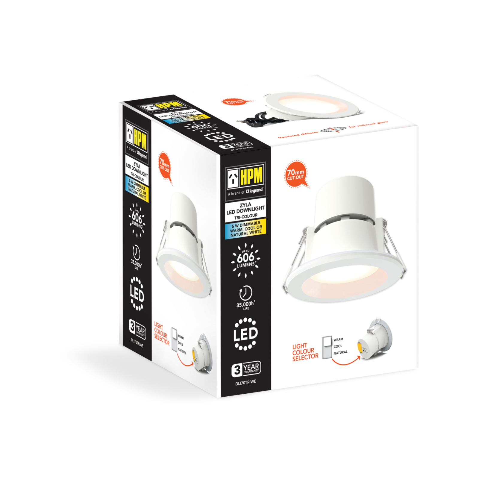 HPM Zyla 70mm White LED Tri-Colour Recessed Downlight, 5W 606lm DLI70TRIWE