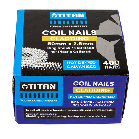 Titan 50 x 2.5mm Hot Dipped Galvanised Ring Shank Collated Coil Nail - 400 Pack