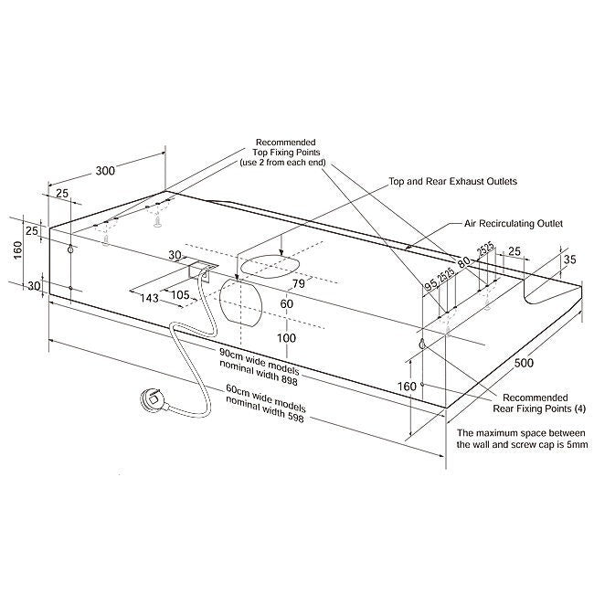 Westinghouse 60cm Fixed White Rangehood - Push Buttons, 200m³/h, Halogen Lighting - WRF610WA