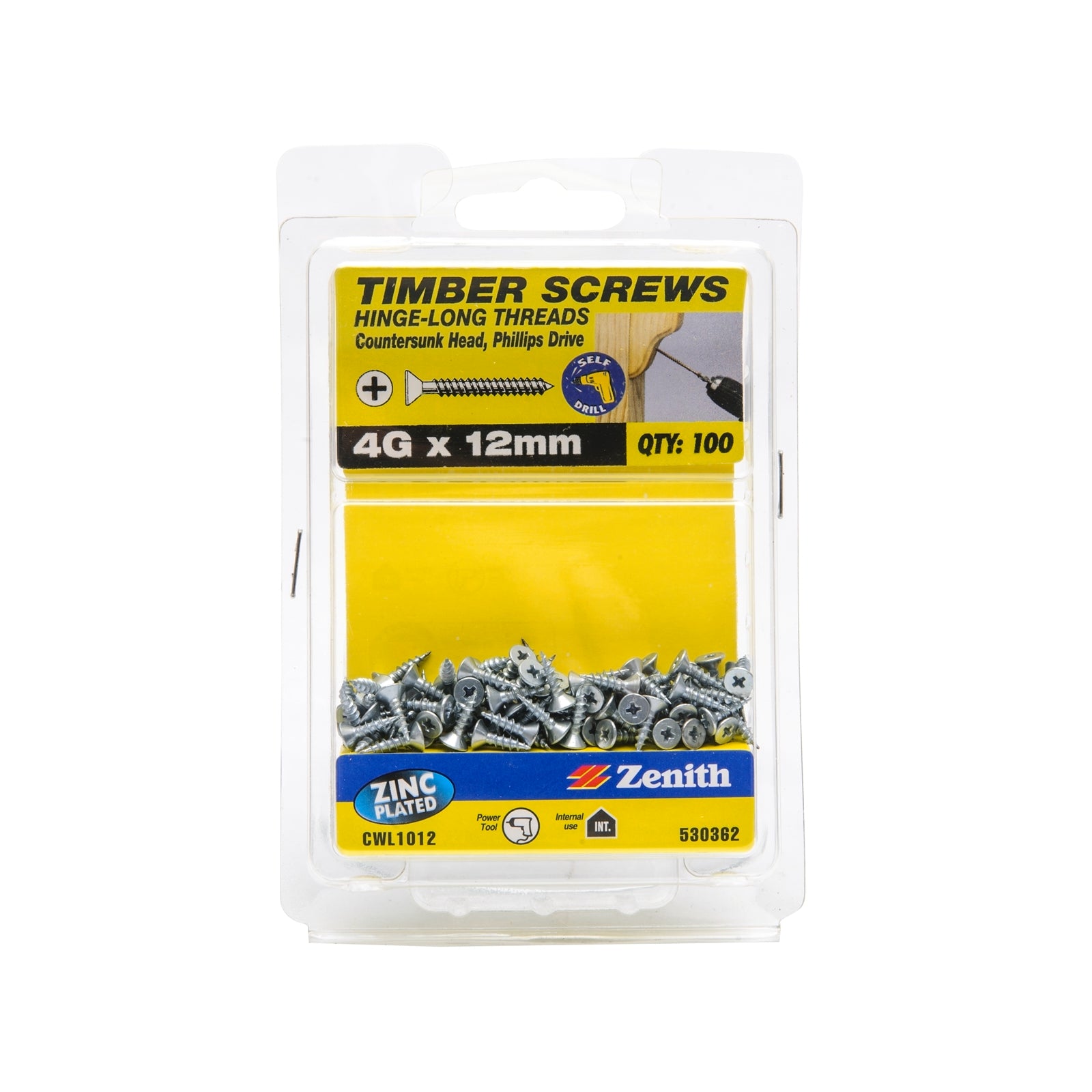 Zenith 4G x 12mm Zinc Plated Countersunk Timber Screws - 100 Pack