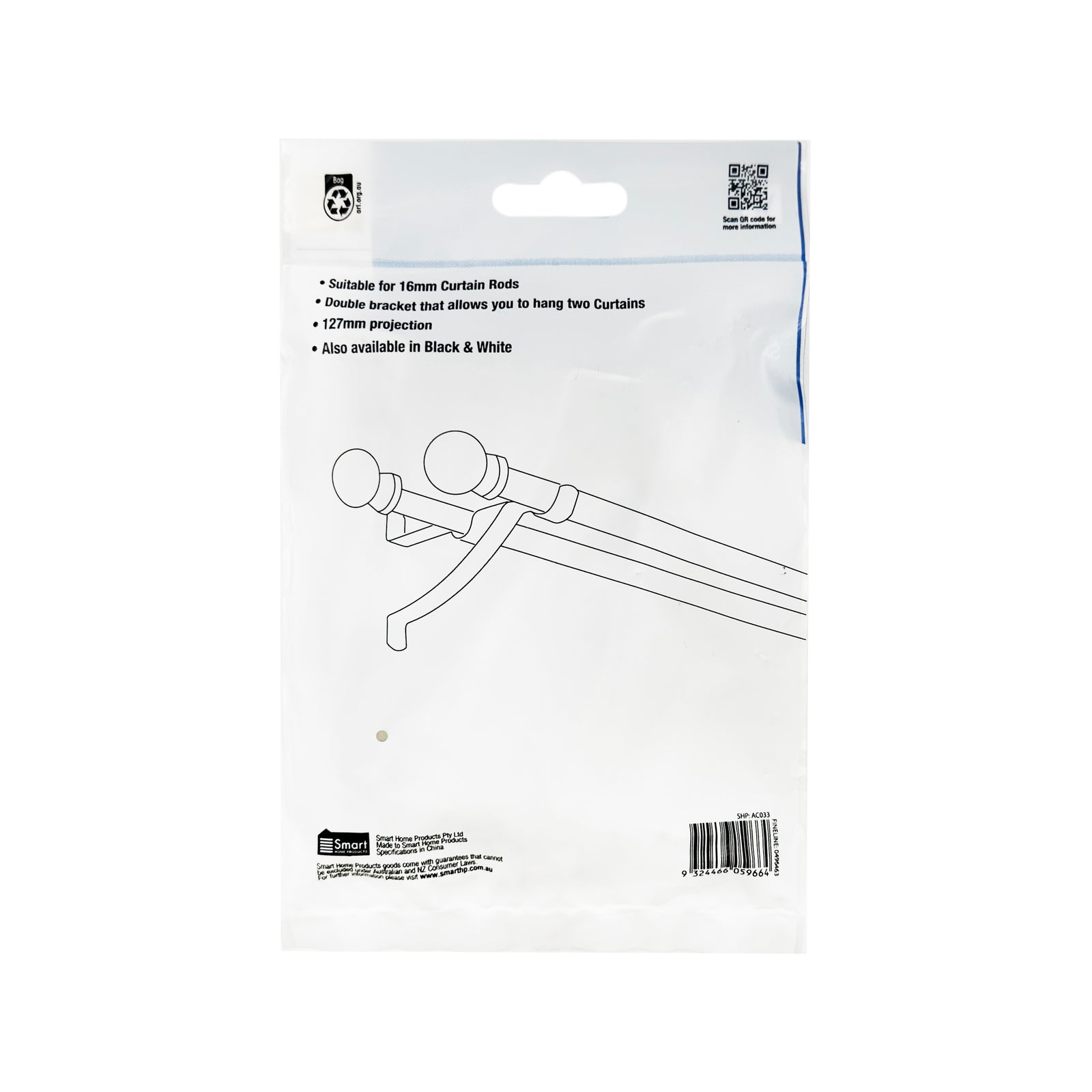 Windoware 127mm Satin Double Stayed Curtain Rod Bracket, 2 Pack