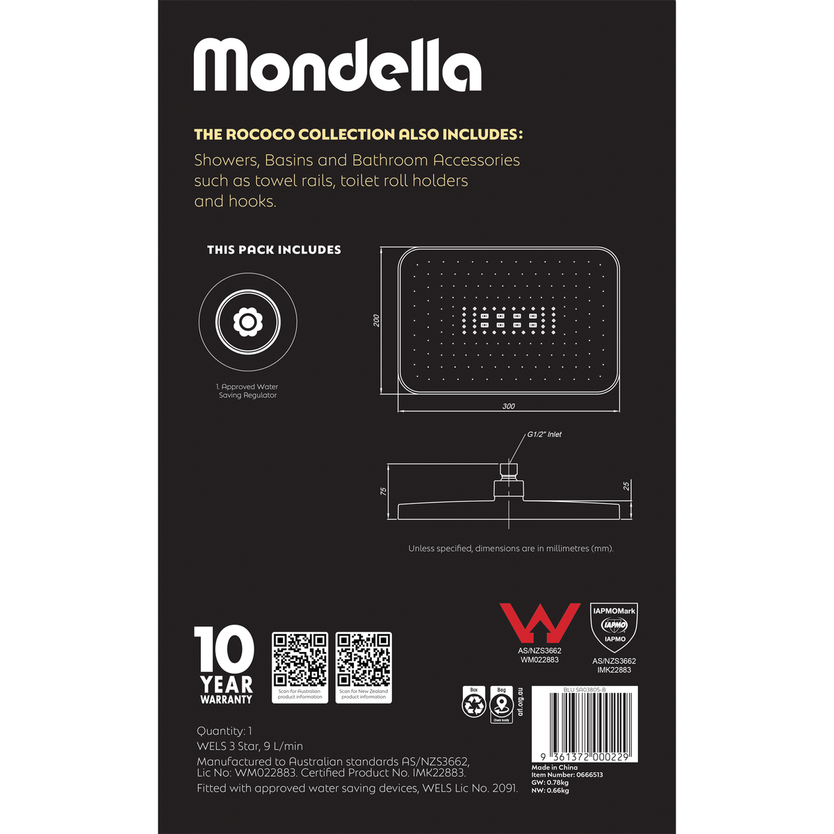 Mondella Matte Black Rococo Rectangular Rain Shower Head 300mm 9L/min WELS 3 Star