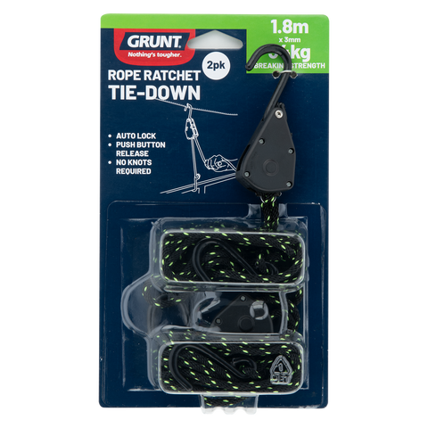 Grunt 3mm x 1.8m Rope Ratchet Tie Downs Auto Lock 2 Pack