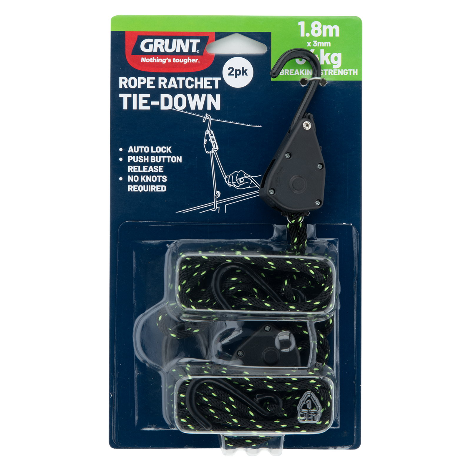 Grunt 3mm x 1.8m Rope Ratchet Tie Downs Auto Lock 2 Pack