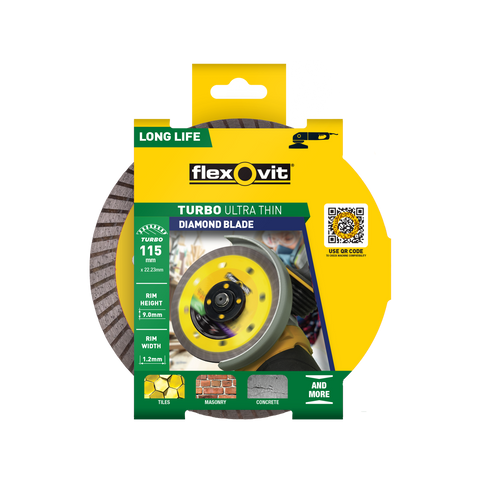 Flexovit 115 x 20 x 1.2mm Ultra-Thin Turbo Diamond Blade, Clean Cut for Grinders