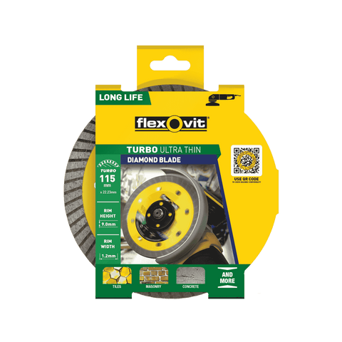 Flexovit 115 x 20 x 1.2mm Ultra-Thin Turbo Diamond Blade, Clean Cut for Grinders