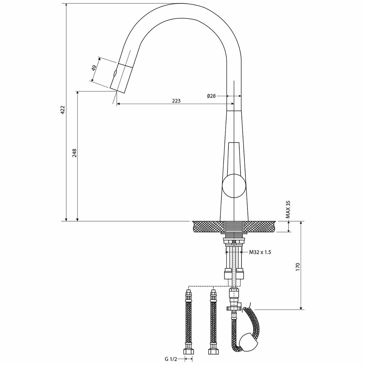 Artusi Black Pull-Out Gooseneck Tap - Extendible Hose - Single Lever - 6-Star Water Rating - ASM501MB