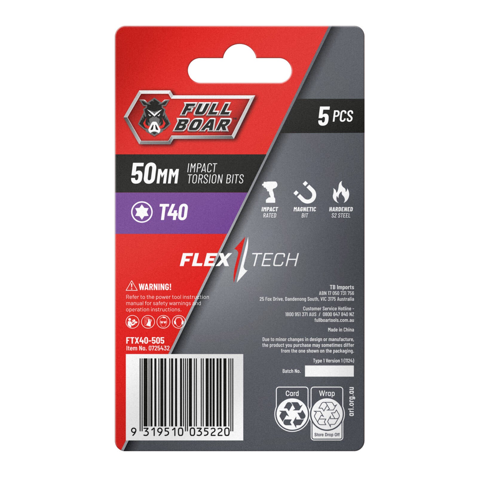 Full Boar T40 x 50mm S2 Steel Magnetic Impact Torsion Bits 5 Pack