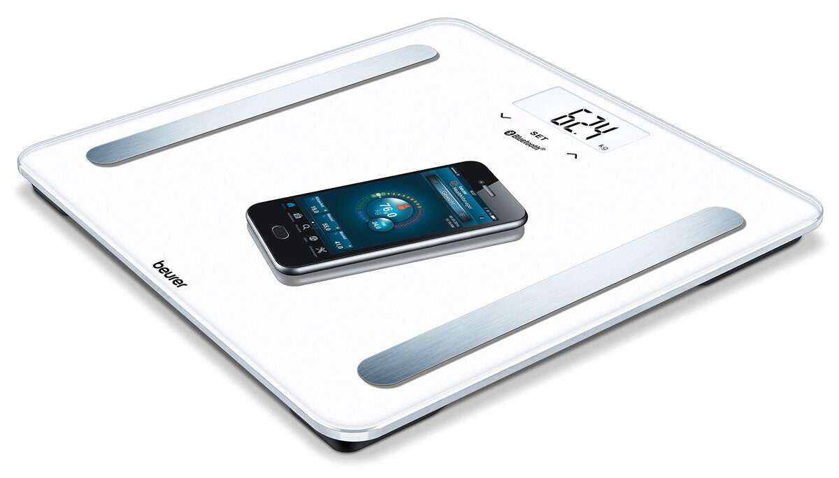Beurer Bluetooth Glass Body Fat Scale - White - 180kg Capacity, 8 Users, HealthManager App - BF600W