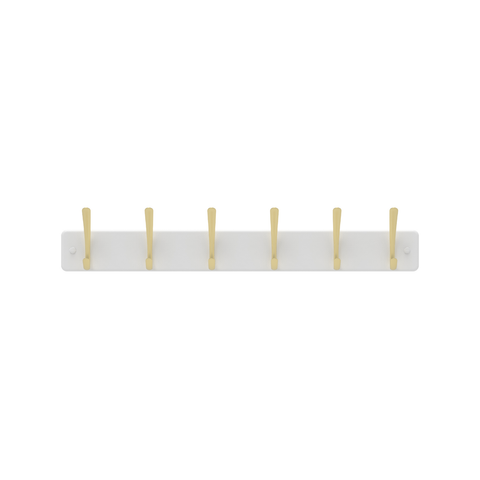 MODE Hat & Coat Rack - 6 Brushed Brass Hooks on White Board