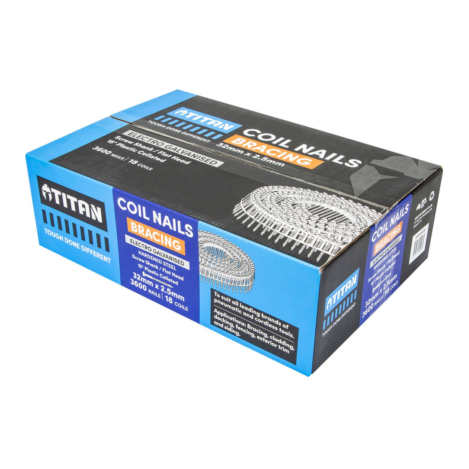 Titan 32 x 2.5mm Hardened Electro Galvanised Collated Coil Nail Screw - 3600 Pack